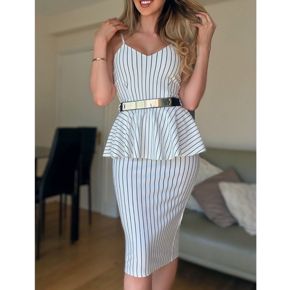 Ivory Striped Peplum Midi Dress - Picture 2 of 9